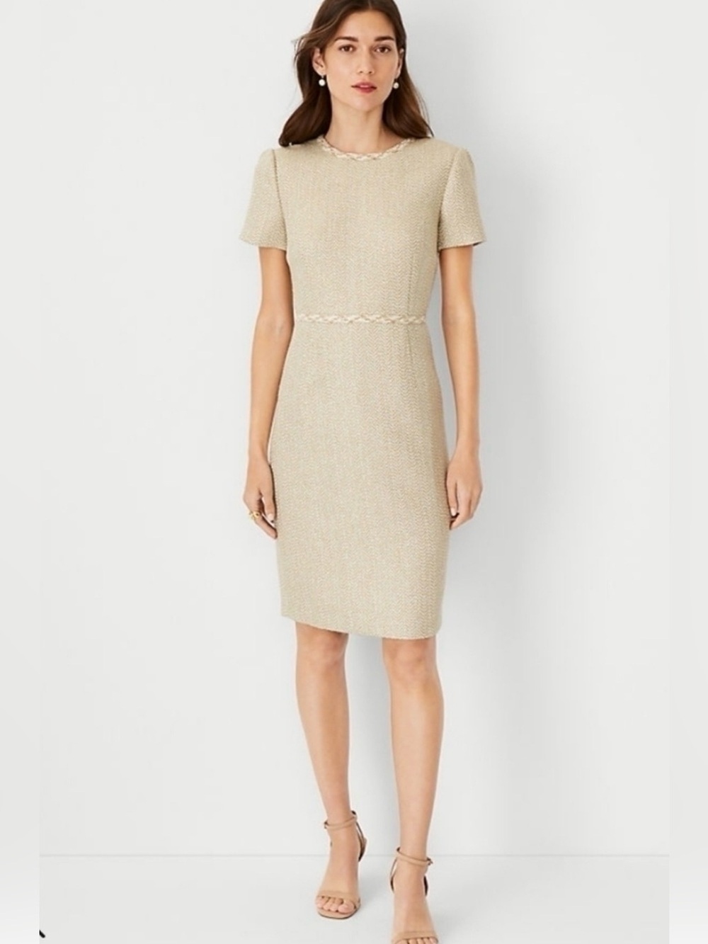 Ann Taylor champagne gold metallic tweed sheath office holiday dress 14 $159